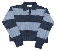 Modro-tmavomodrý vzorovaný vlnený crop sveter s golierikom ZARA