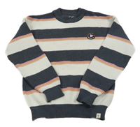 Tnavošedo-bielo-lososovo-fialový pruhovaný rebrovaný sveter s nášivkou GARCIA