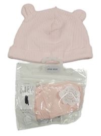 Nové - 3Set - 1x - Světlerůžová žebrovaná čepice s oušky F&F + 2x - rukavice George