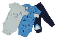 Nové - 3Set - 2x - Body - Světlemodro/bílé pruhované se žraloky, modré s kladivouny a žraloky + 1x - tmavomodré tepláky carter's