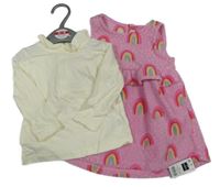 Nové - 2set - Růžové puntíkaté fleecové šaty s duhami + krémové triko s límečkem St. Bernard