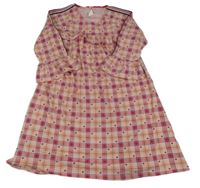 Ružovo-malinovo-žlté kockované vlnené šaty so srdiečkami a volánem Kids