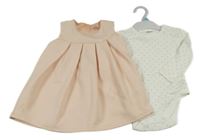 Nové - 2set - Smetanové puntíkaté body + meruňkové prošívané šaty F&F