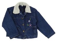 Tmavomodrá rifľová zateplená bunda s výšivkami květin