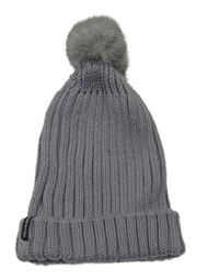 Šedá pletená čepice s bambulí
