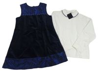 Nové - 2 set - bílá halenka + tmavomodré sametové šaty C&A