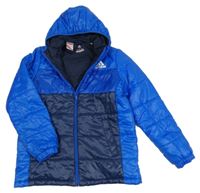 Modro-tmavomodrá šušťáková prešívaná zateplená bunda s logom a kapucňou Adidas
