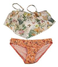 Oranžovo-smetanovo-zelené kvetované dvoudílné plavky