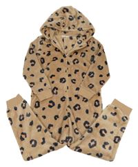 Hnedá plyšová leopardí kombinéza s kapucňou M&S
