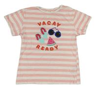 Růžovo-bílé pruhované tričko s nápisem a obrázky H&M