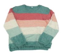 Zeleno-bielo-ružový pruhovaný chlpatý sveter