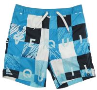 Světlemodro-bílo-černé kostkované plážové kraťasy s nápisy Quiksilver