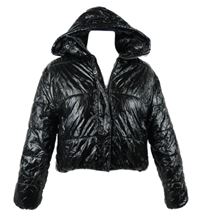 Dámska čierna latexová crop zateplená bunda s kapucňou