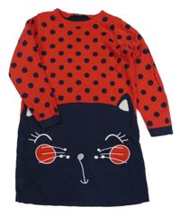 Červeno-tmavomodré puntíkaté pletené šaty s kočkou George