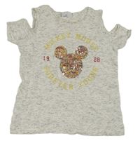 Bielo-čierne melírované tričko s Mickem Mousem z flitrů Disney