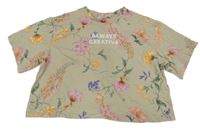Béžové crop tričko s nápisom a kvetinami H&M