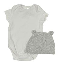 2set - bílé body + šedá čepice s hvězdami 