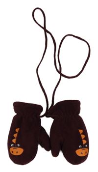 Vínové fleecové palcové rukavice na šňůře s dinosaurom Topomini