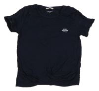 Tmavomodré crop tričko s nápisem a řasením Tom Tailor 