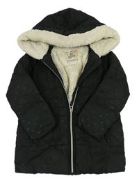 Čierny bodkovaná ý prešívaný šušťákový zimný kabát s kapucňou F&F