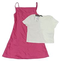 2Set - Ružové saténové letné šaty + biele crop tričko PRIMARK