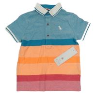 Modrozeleno-neónově oranžovo-malinovo-ružové melírované polo tričko s dinosaurom F&F