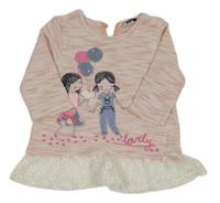 Svetloružový melírovaný sveter s dievčatky a bielým čipkovým volánikom s kvetmi George