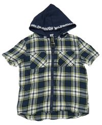 Tmavomodro-bílo-citronová kostkovaná košile s kapucí s nápisy dopodopo