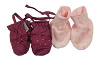 2Set - Vínové šusťákové zimní palcové rukavice se srdíčky a šnůrkou dopodopo + světlerůžové sametové bačkory s čumáčkem C&A vel. 19-20