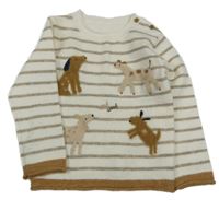 Nové - bielo-béžovo/šedo-hnedý pruhovaný sveter s pejsky Nutmeg