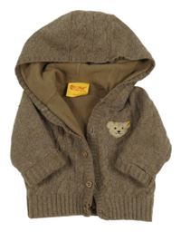 Kávový melírovaný žebrovaný vzorovaný vlněný kašmírový propínací podšitý svetr s medvídkem a kapucí Steiff