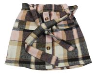 Svetloružová -čierno-hnedo-smotanová kockovaná tepláková sukňa s gombíkmi a opaskom SHEIN