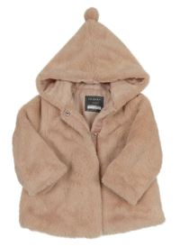 Pudrový kožešinový zateplený kabát s kapucí s bambulkou PRIMARK