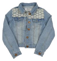 Světlemodrá riflová crop bunda s krajkovými květy a límečkem Denim Co.