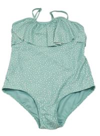 Mentolovo-bílé vzorované jednodílné plavky s volánkem 