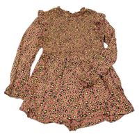 Starorůžovo-černo-limetkový vzorovaný kraťasový overal s volánky M&S