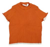 Hrdzavé rebrované úpletové oversize tričko s volánikmi H&M
