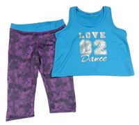 2set - Fialové vzorované sportovní capri legíny + modrý crop top s číslem BPC