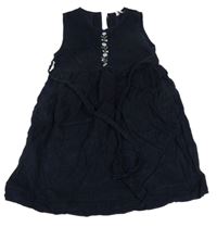 Tmavomodré manšestrové šaty s výšivkami květů a páskem