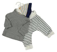 Nové - 3set - Šedá melírovaná mikina + bílo-tmavošedé pruhované tepláky + bílo-barevná pruhovaná bavlněná čepice