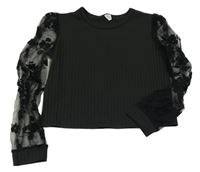 Čierne rebrované crop tričko s tylovými rukávy s kvetmi Shein