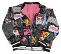 Černý šusťákový zateplený bomber s nápismi a dievčatkom