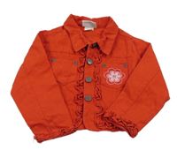 Červená rifľová bunda s kvetinou a volánikmi Topolino