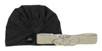 2set - Antracitová turbanová čepice + světlešedá třpytivá čelenka s mašlí
