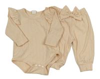 2 set - Pudrové žebrované body + lehké tepláky s mašlí Shein