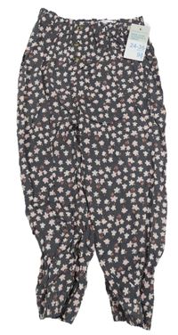 Tmavošedo-růžové květované lehké kalhoty Primark