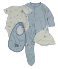 4 set - Smotanové body + modrý overal + modrý bryndák + biela čapica F&F