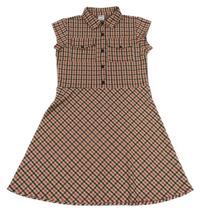 Béžovo-červeno-čierne kockované úpletové šaty s golierikom Page one young