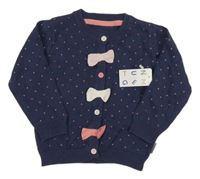 Nové - tmavomodrý puntíkatý propínací lehký svetr s mašličkami Nutmeg