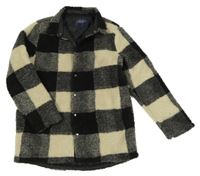 Černo-smetanová kostkovaná huňatá lehce zateplená košilová bunda Next